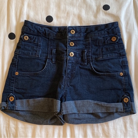 Topshop Pants - Topshop Moto High Waisted Blue Stretch Denim Jean Shorts w Zip Buttons cuff leg